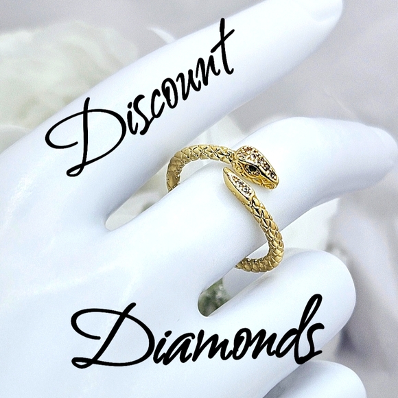 14K Yellow Gold on 925 Silver Serpent Ring with Green Zircon Eyes  - Picture 1 of 11